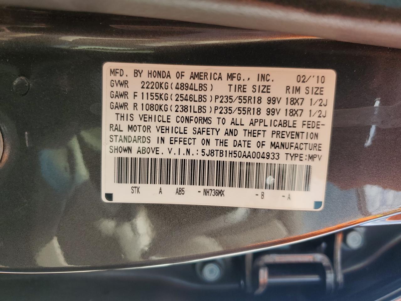 5J8TB1H50AA004933 2010 Acura Rdx Technology