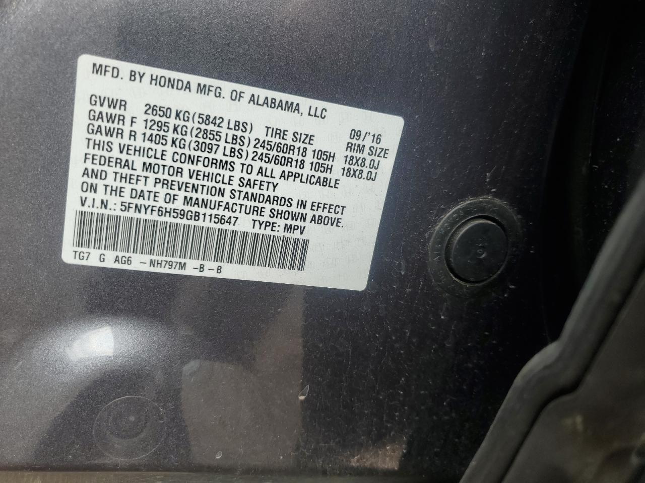 5FNYF6H59GB115647 2016 Honda Pilot Exl