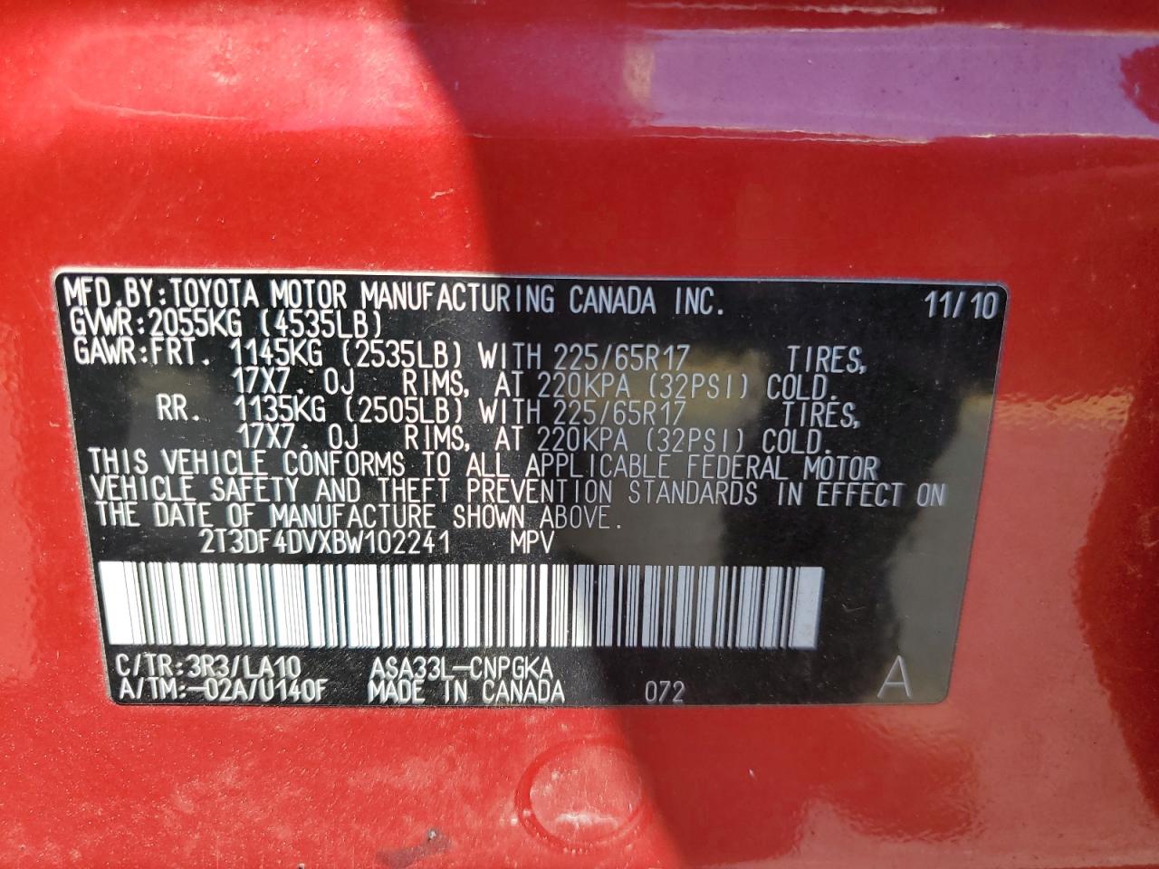 2T3DF4DVXBW102241 2011 Toyota Rav4 Limited