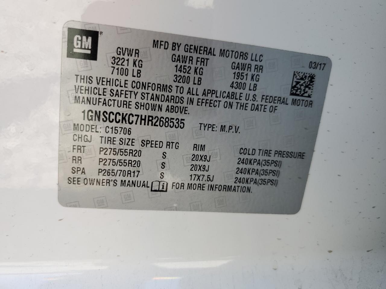 1GNSCCKC7HR268535 2017 Chevrolet Tahoe C1500 Premier