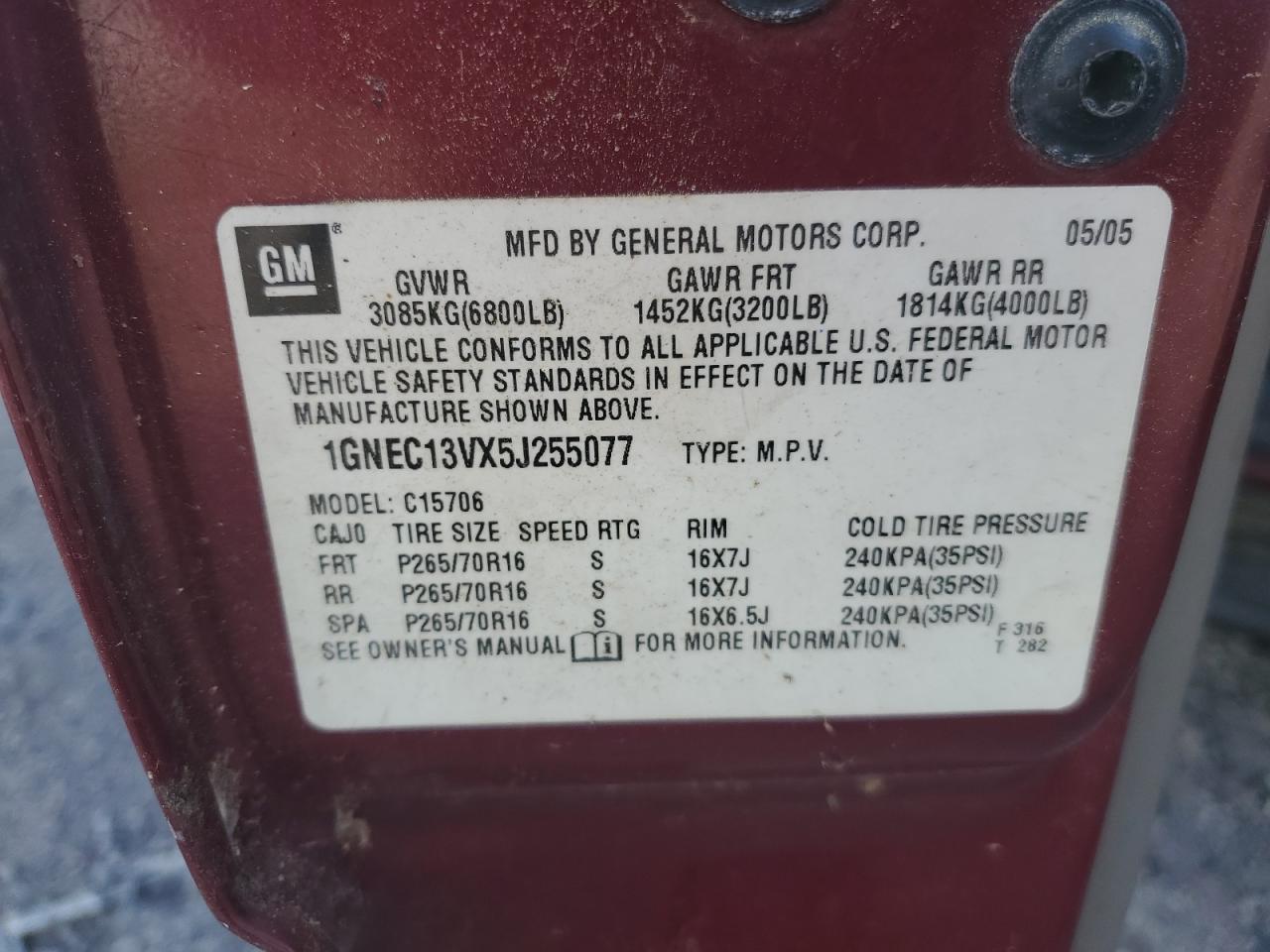 1GNEC13VX5J255077 2005 Chevrolet Tahoe C1500