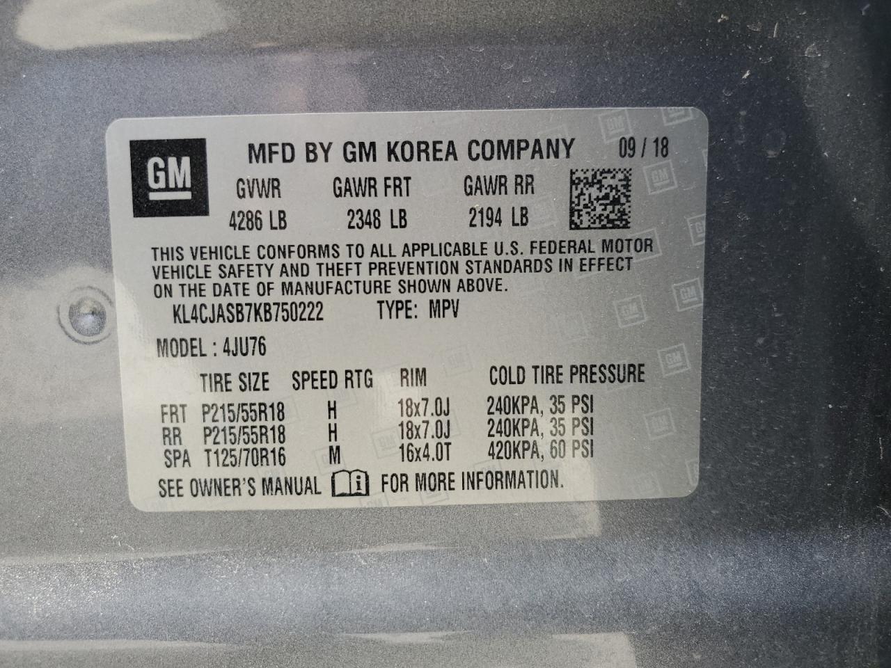 KL4CJASB7KB750222 2019 Buick Encore Preferred