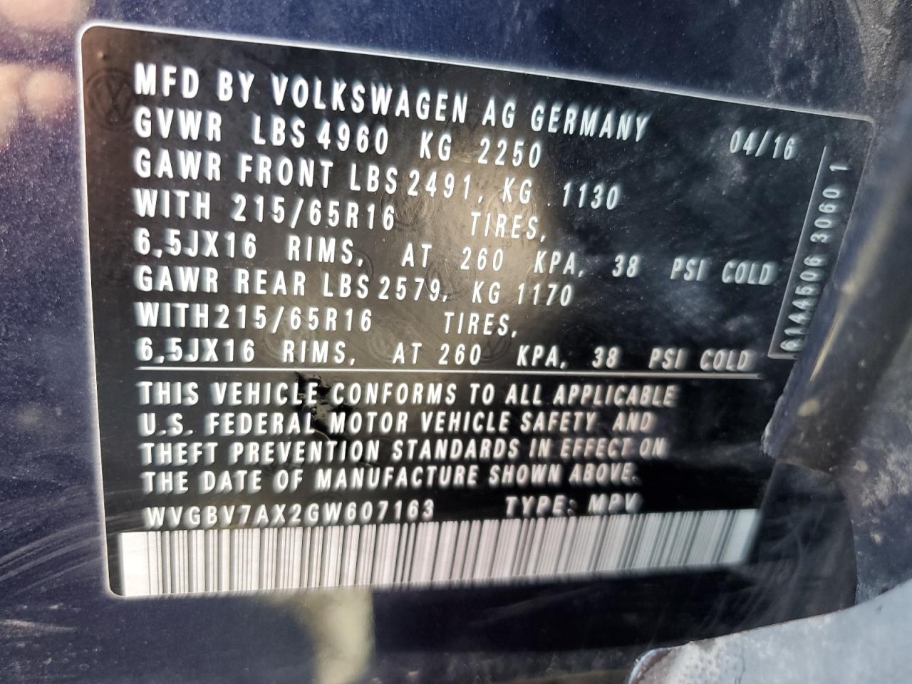 WVGBV7AX2GW607163 2016 Volkswagen Tiguan S