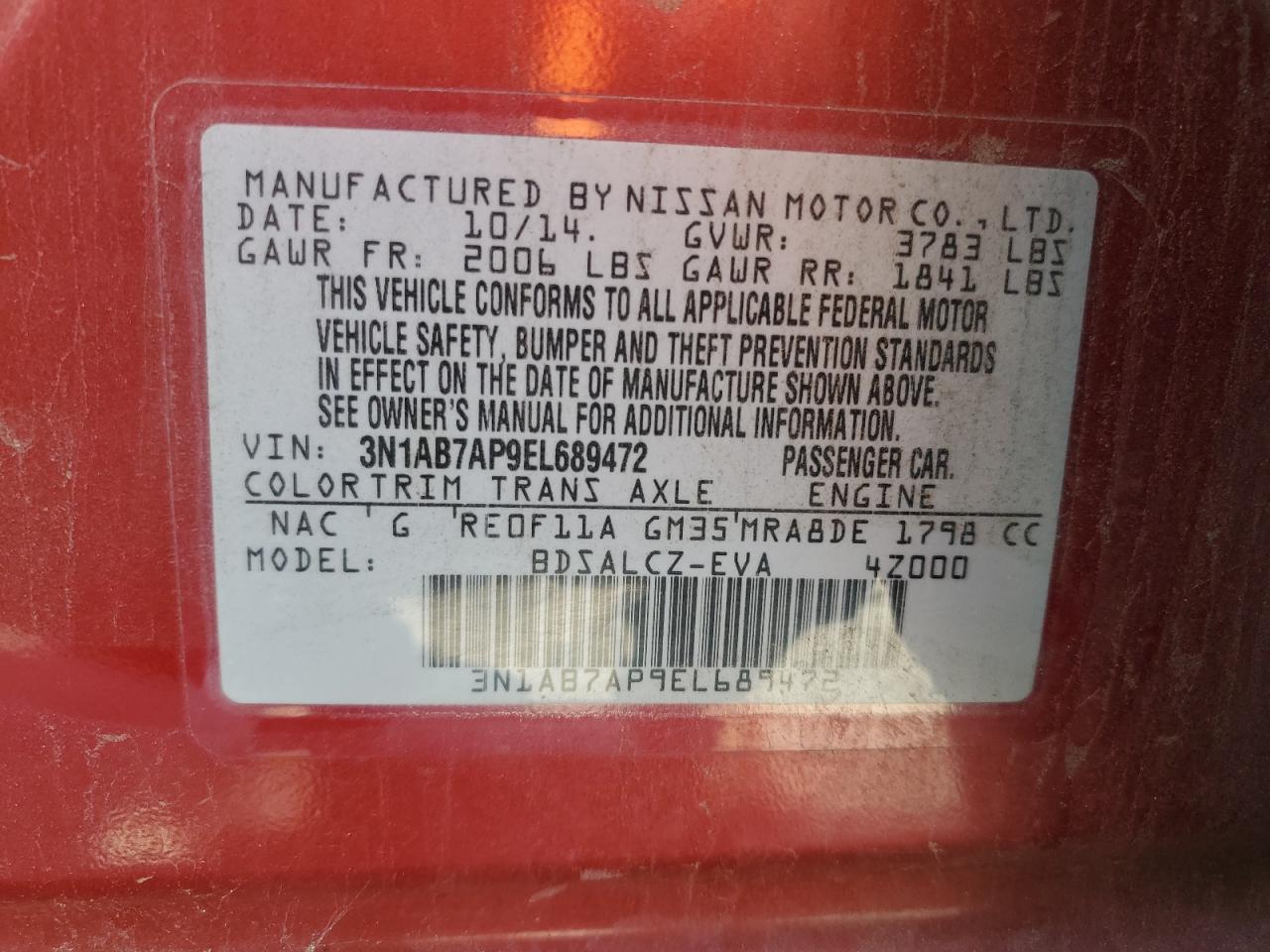 3N1AB7AP9EL689472 2014 Nissan Sentra S