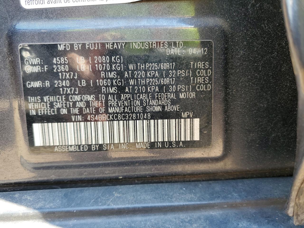 4S4BRCKC8C3281048 2012 Subaru Outback 2.5I Limited