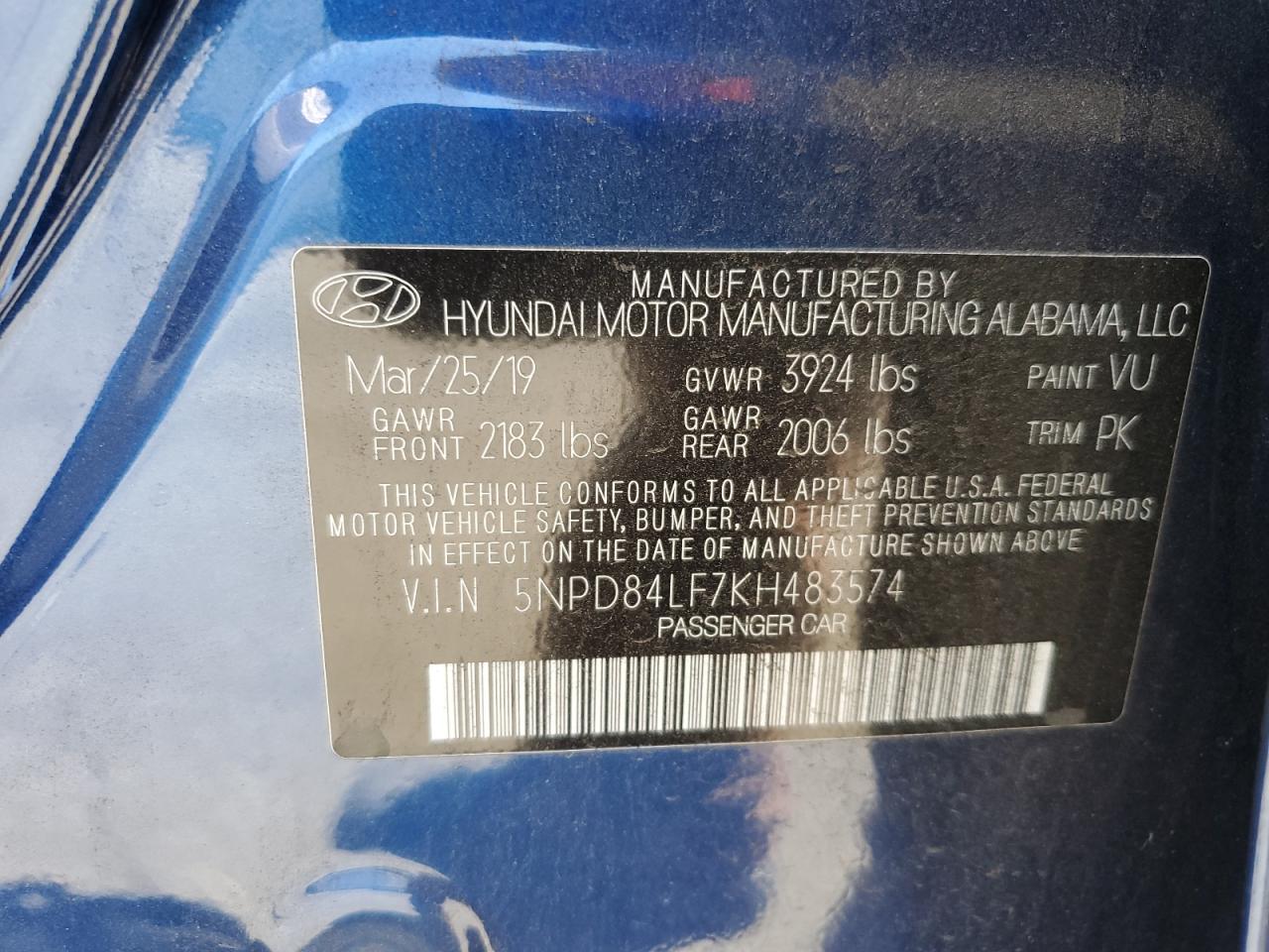 5NPD84LF7KH483574 2019 Hyundai Elantra Sel