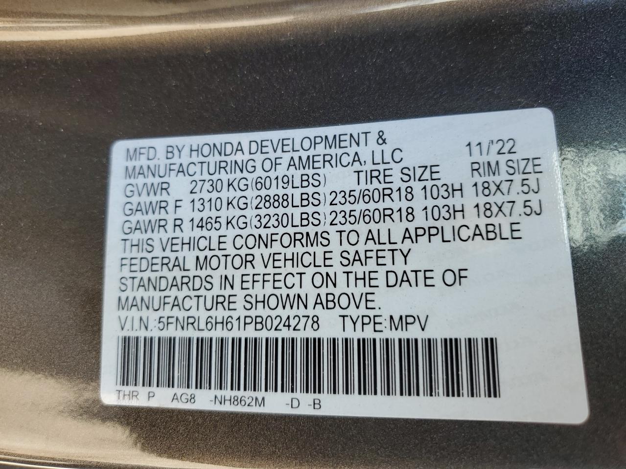 5FNRL6H61PB024278 2023 Honda Odyssey Exl