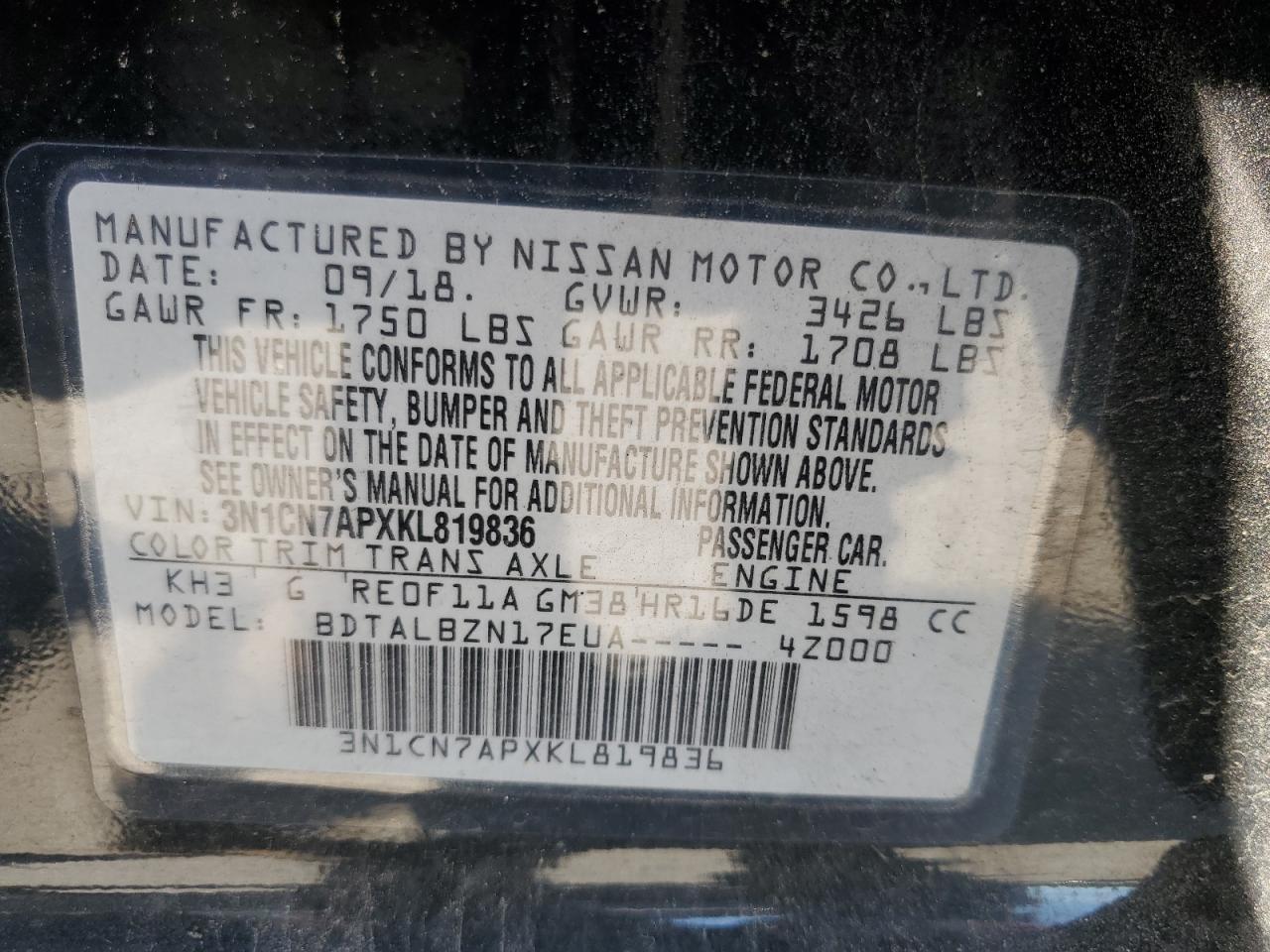 3N1CN7APXKL819836 2019 Nissan Versa S