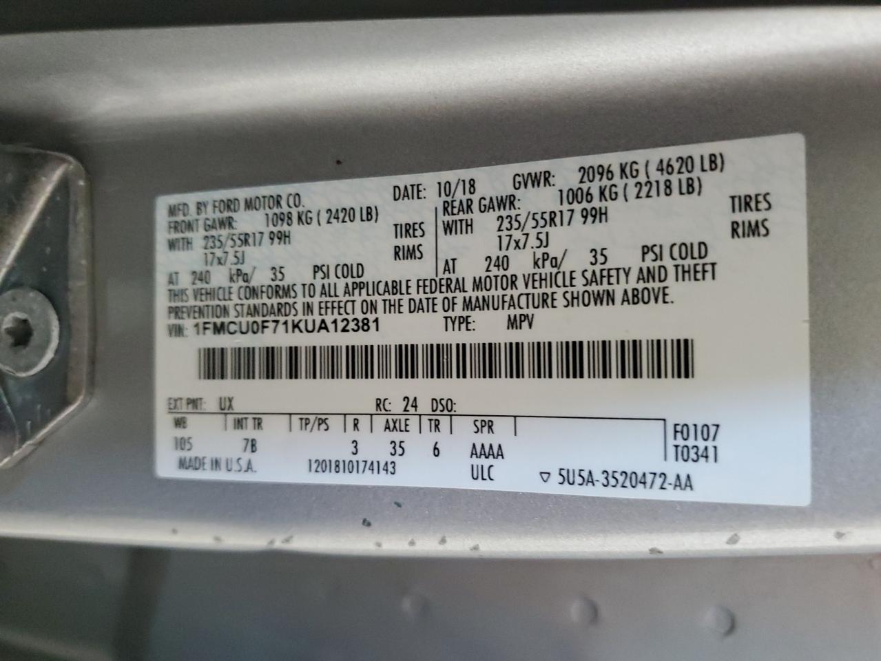 1FMCU0F71KUA12381 2019 Ford Escape S