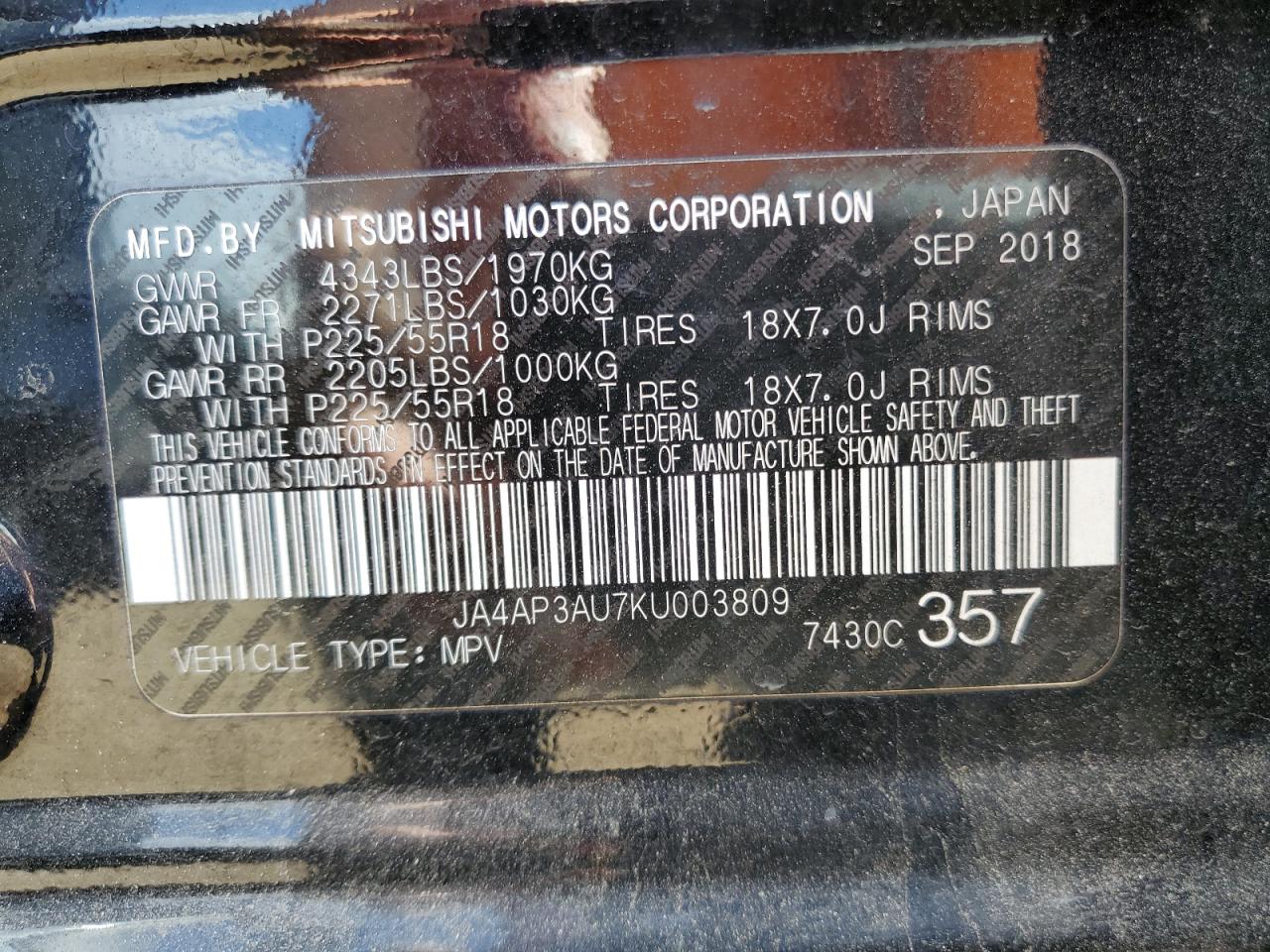 JA4AP3AU7KU003809 2019 Mitsubishi Outlander Sport Es