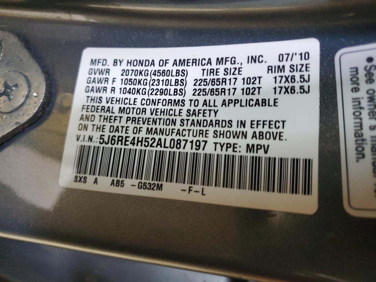 5J6RE4H52AL087197 2010 Honda Cr-V Ex