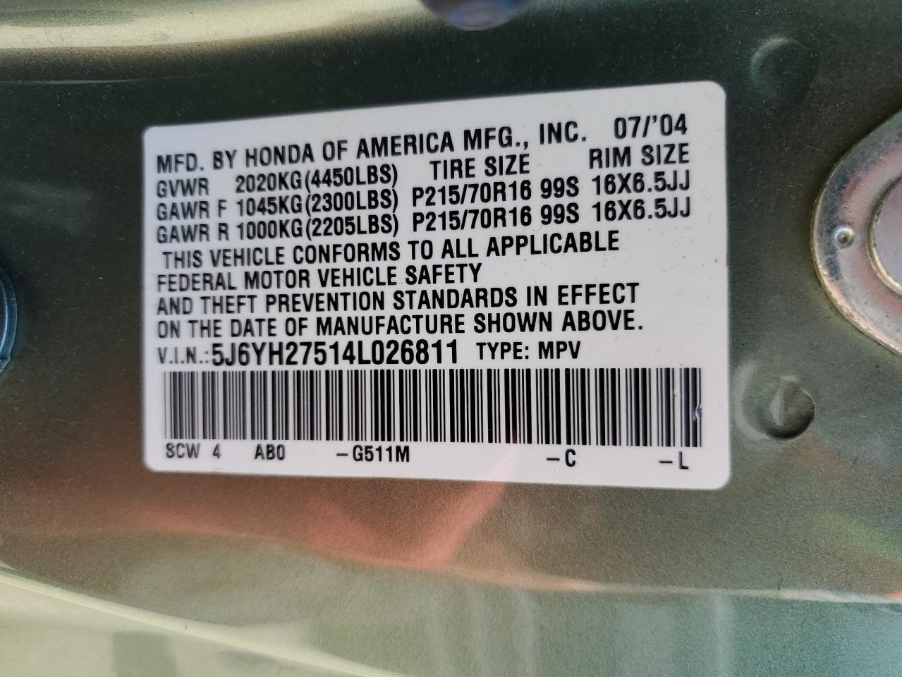 5J6YH27514L026811 2004 Honda Element Ex