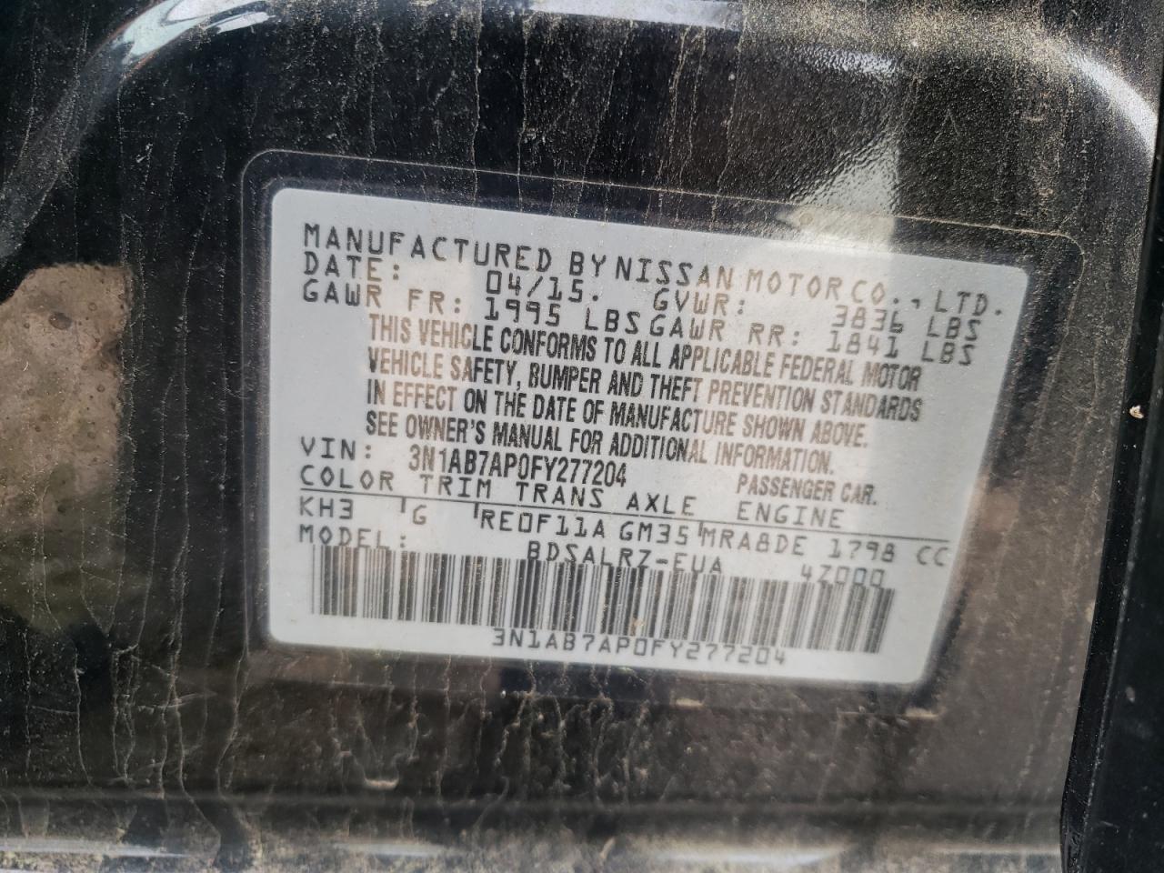 3N1AB7AP0FY277204 2015 Nissan Sentra S