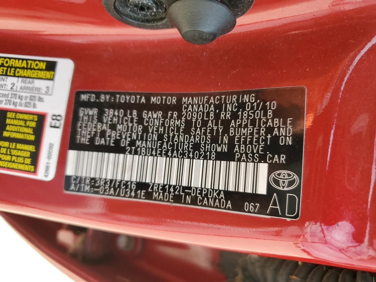 2T1BU4EE4AC340218 2010 Toyota Corolla Base