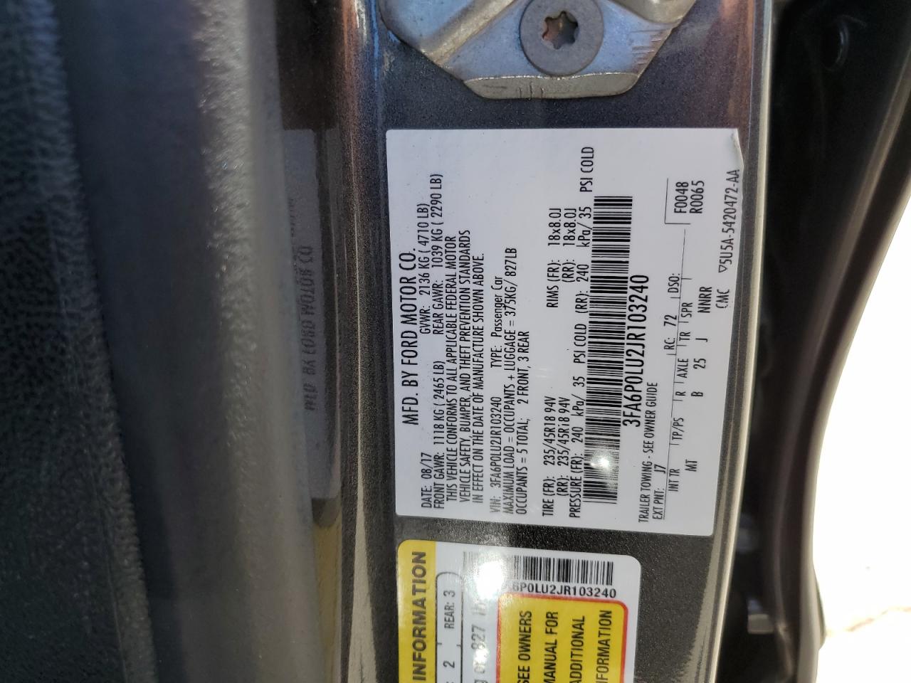 3FA6P0LU2JR103240 2018 Ford Fusion Se Hybrid