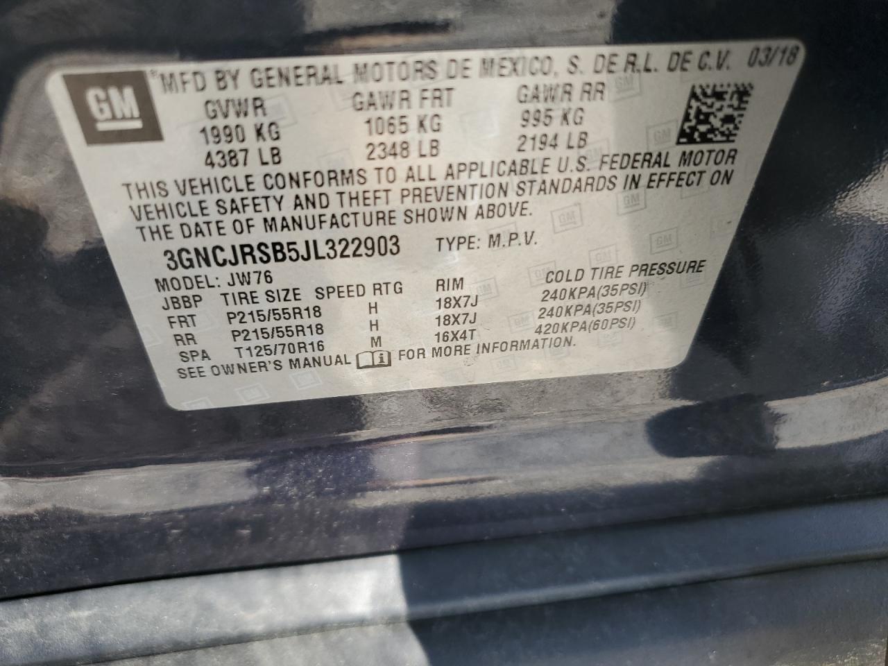 3GNCJRSB5JL322903 2018 Chevrolet Trax Premier