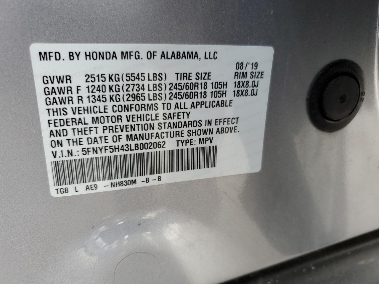 5FNYF5H43LB002062 2020 Honda Pilot Exl