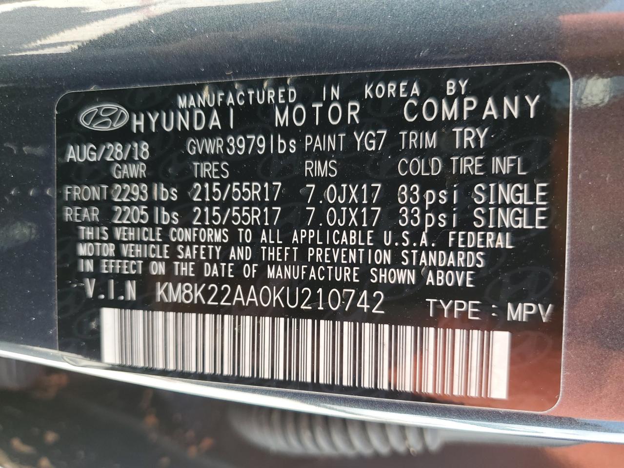 KM8K22AA0KU210742 2019 Hyundai Kona Sel