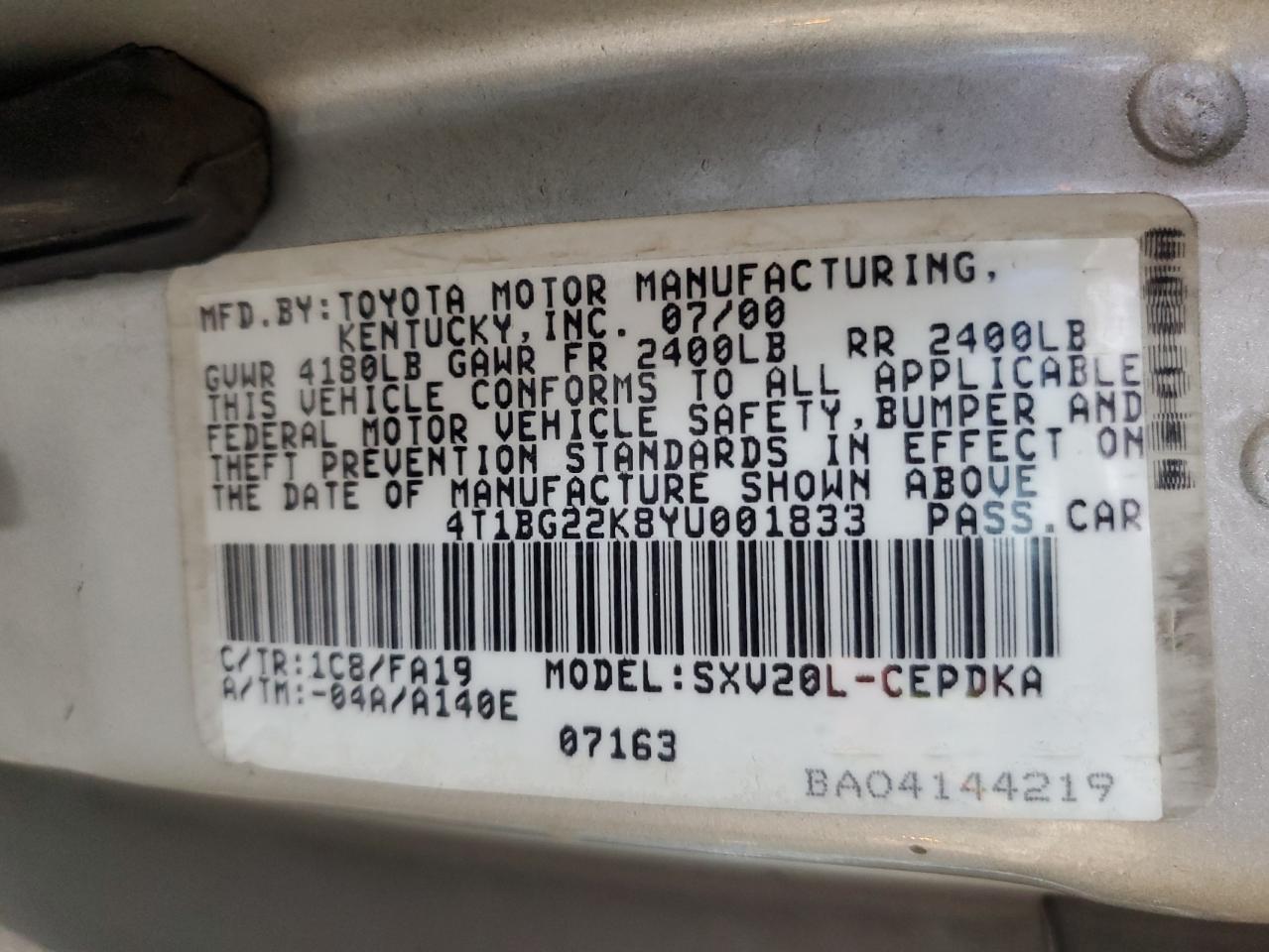 4T1BG22K8YU001833 2000 Toyota Camry Ce