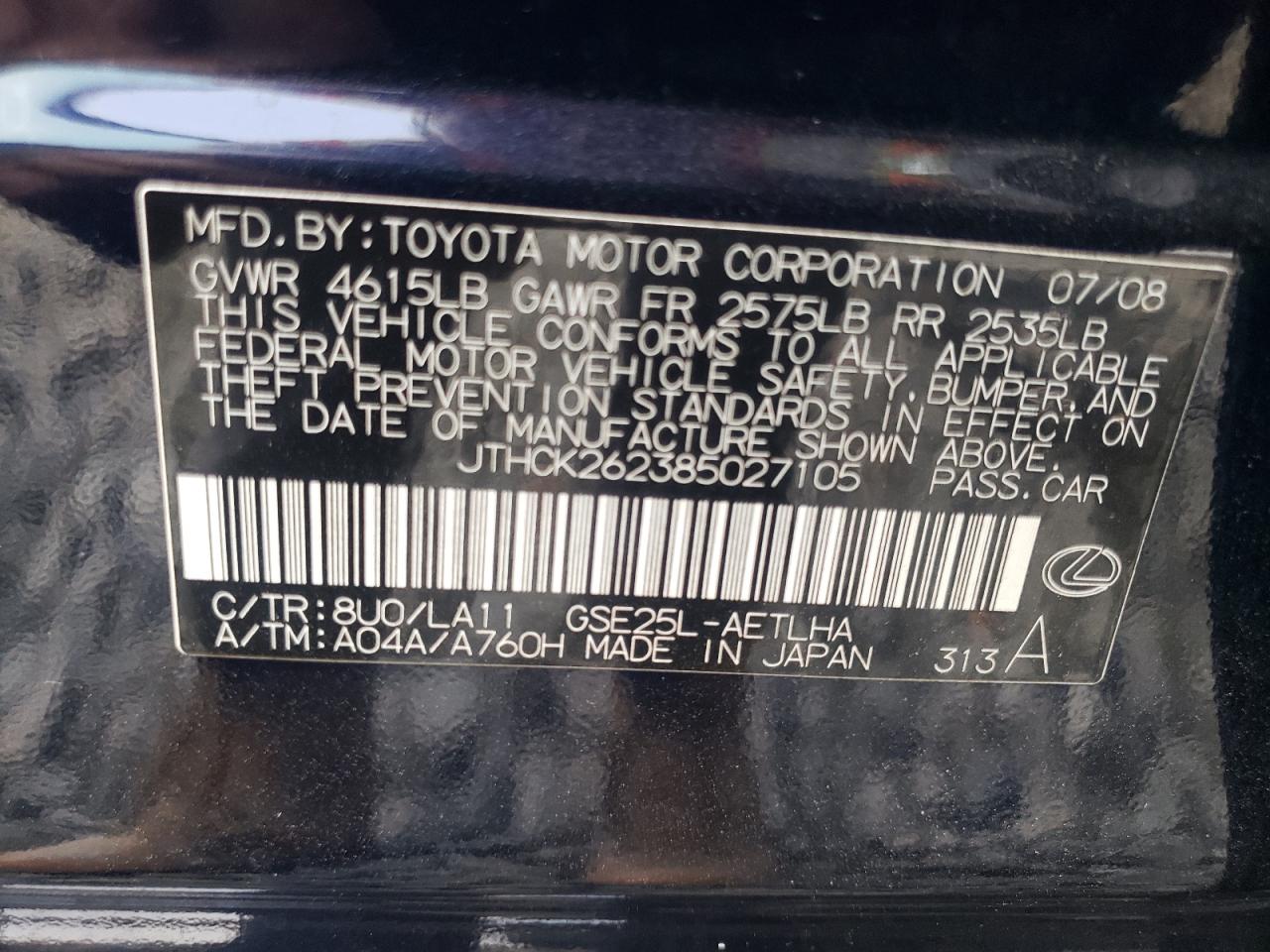 JTHCK262385027105 2008 Lexus Is 250