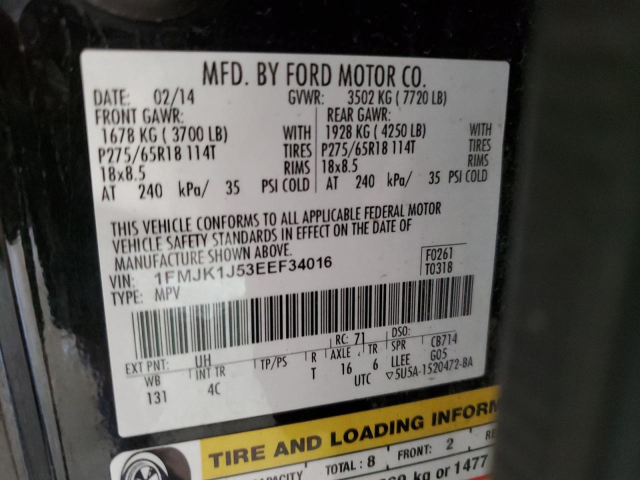 1FMJK1J53EEF34016 2014 Ford Expedition El Xlt