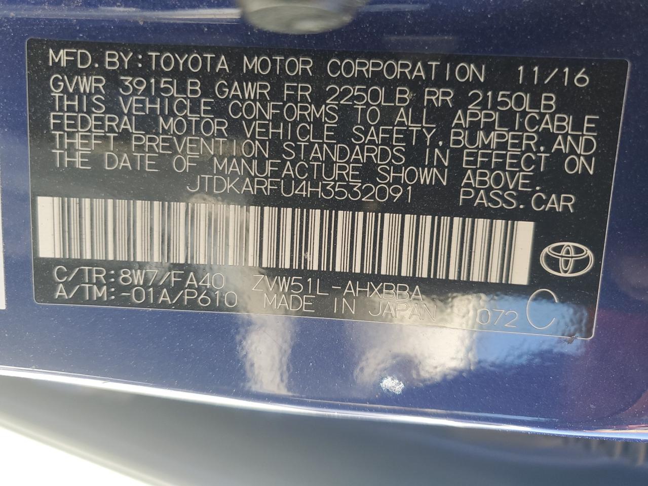 JTDKARFU4H3532091 2017 Toyota Prius