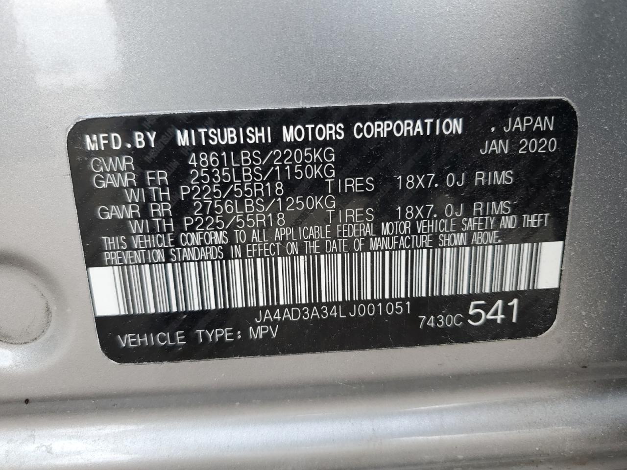 2020 Mitsubishi Outlander Se vin: JA4AD3A34LJ001051