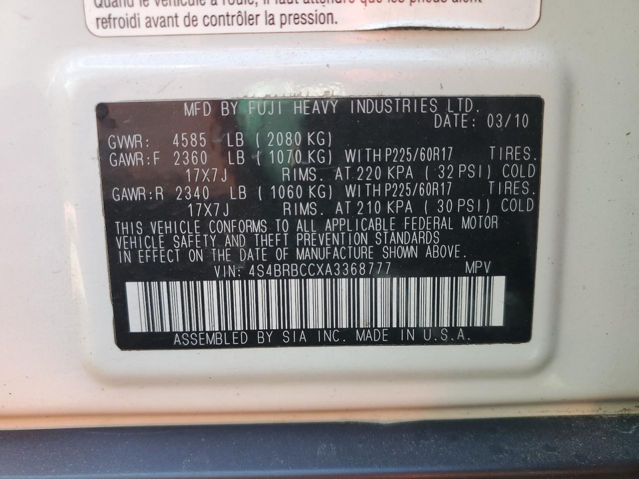 4S4BRBCCXA3368777 2010 Subaru Outback 2.5I Premium