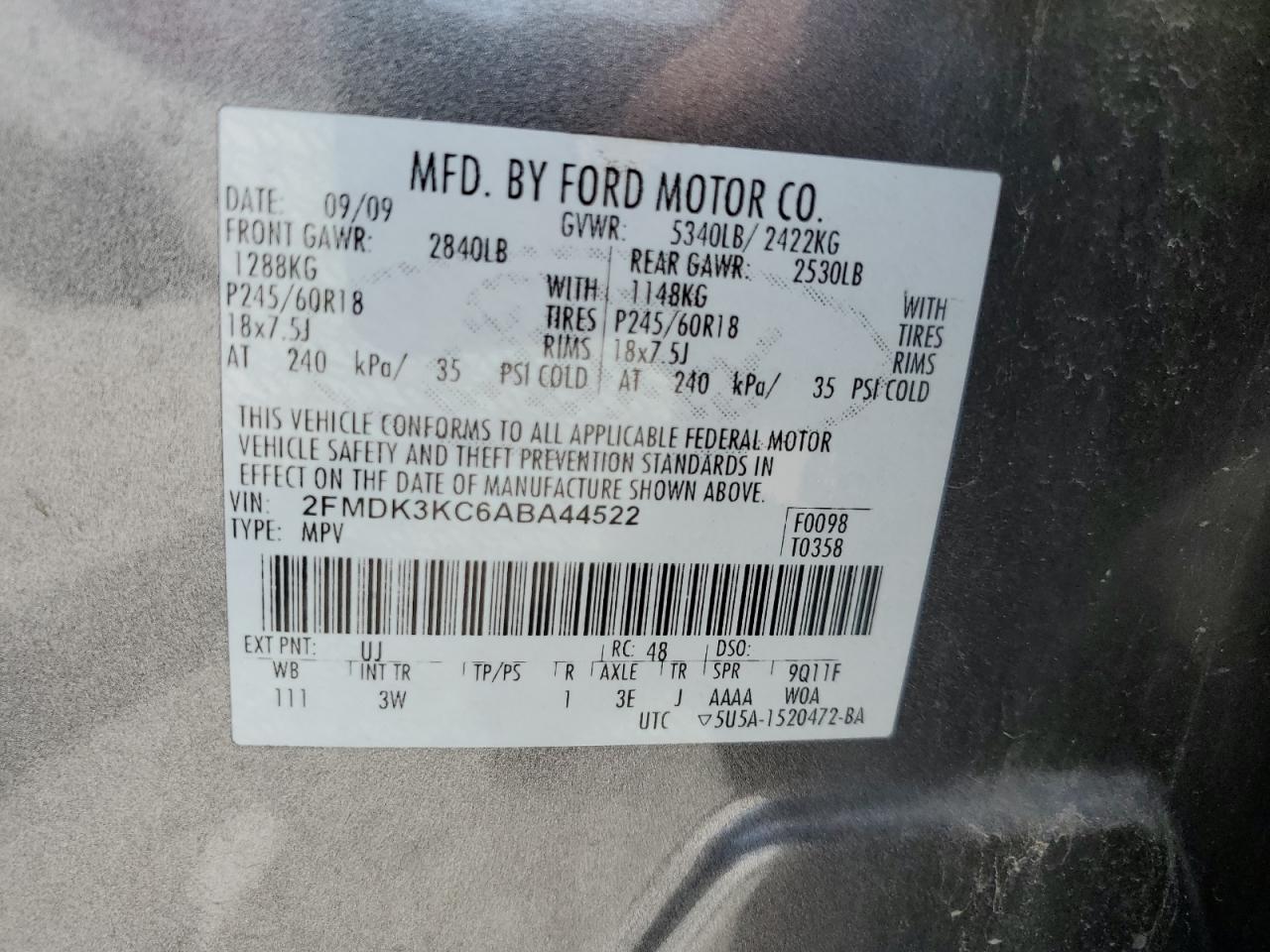 2FMDK3KC6ABA44522 2010 Ford Edge Limited