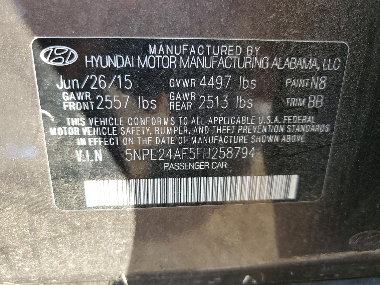 5NPE24AF5FH258794 2015 Hyundai Sonata Se