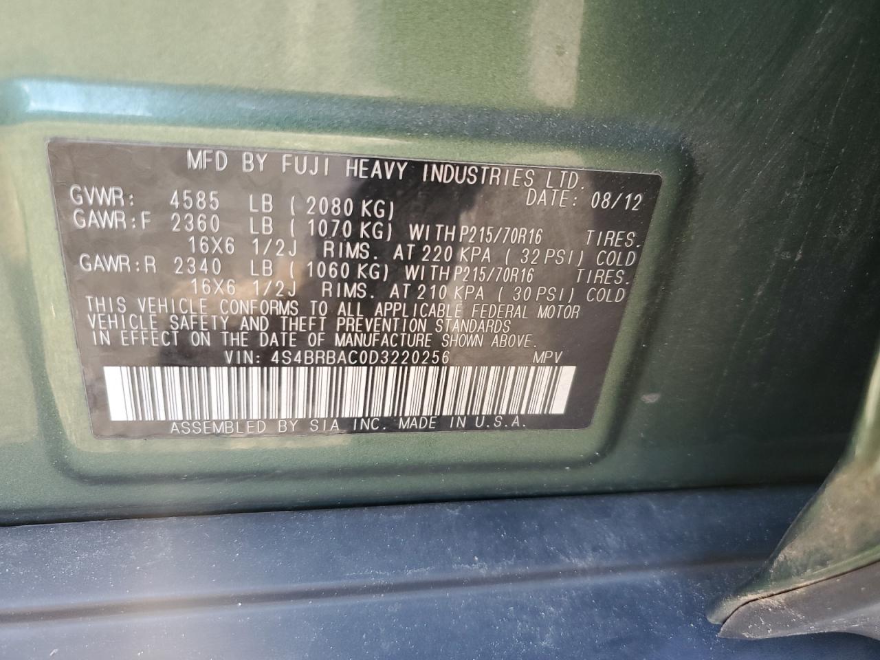 4S4BRBAC0D3220256 2013 Subaru Outback 2.5I