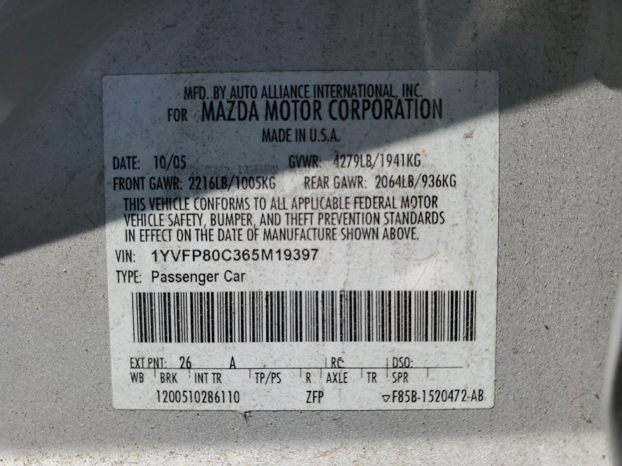 1YVFP80C365M19397 2006 Mazda 6 I