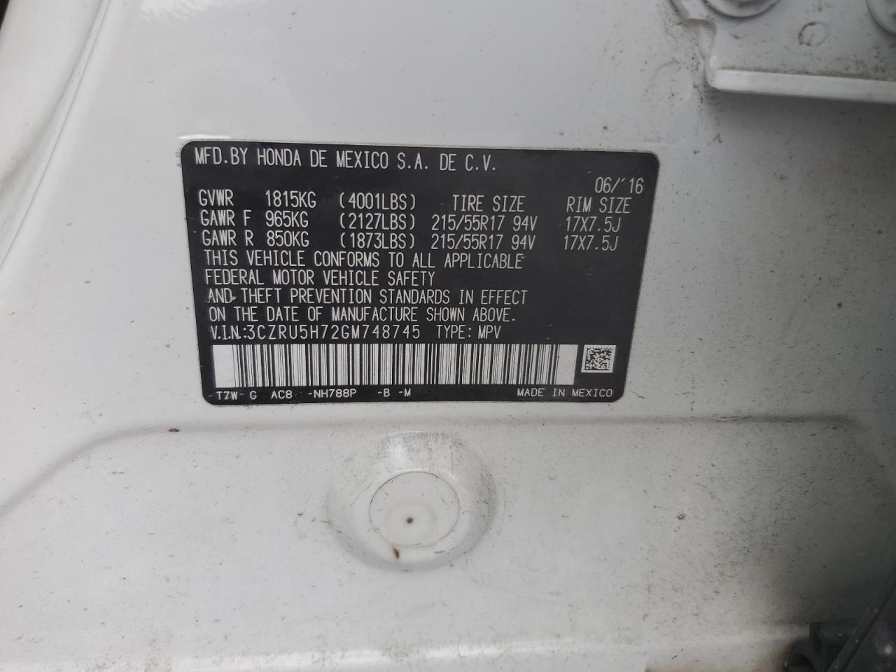 3CZRU5H72GM748745 2016 Honda Hr-V Exl