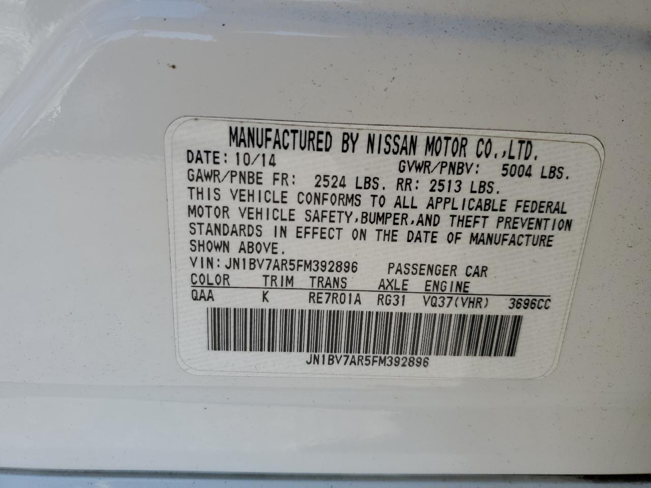 JN1BV7AR5FM392896 2015 Infiniti Q50 Base