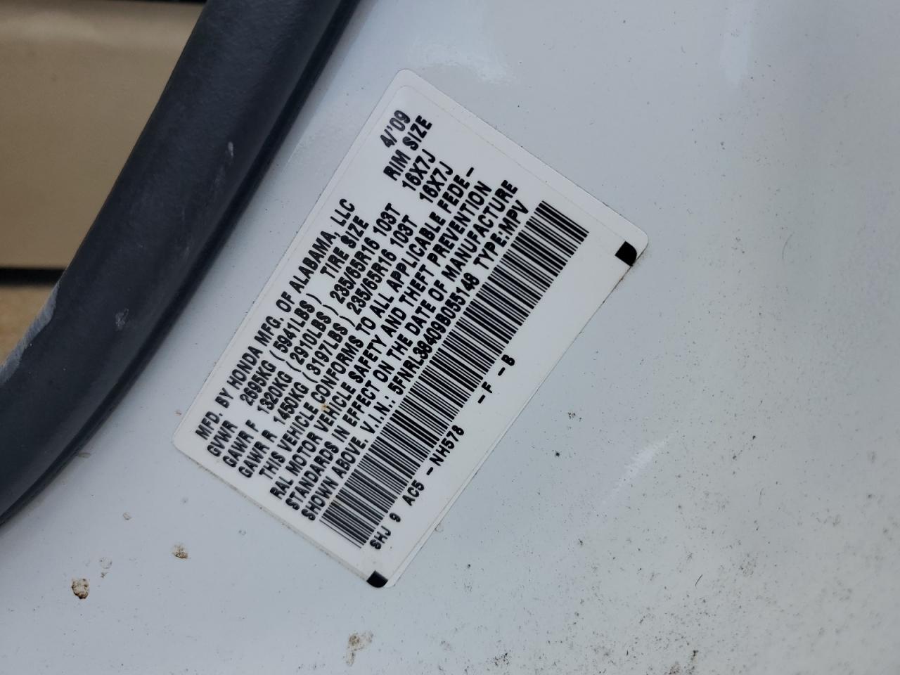 5FNRL38409B055148 2009 Honda Odyssey Ex