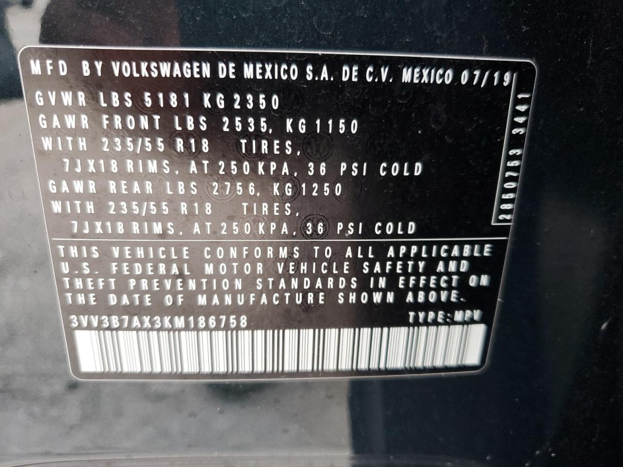 3VV3B7AX3KM186758 2019 Volkswagen Tiguan Se