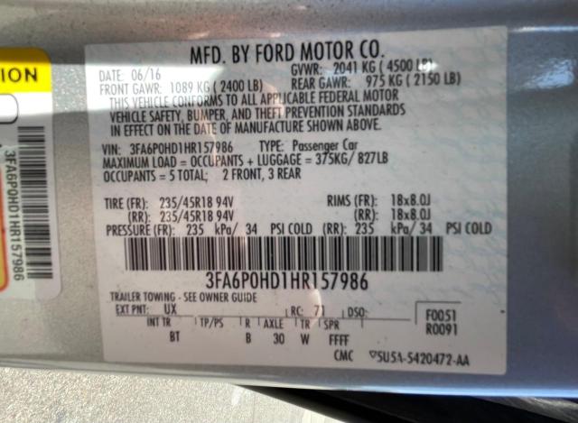 VIN 3FA6P0HD1HR157986 2017 Ford Fusion, SE no.10