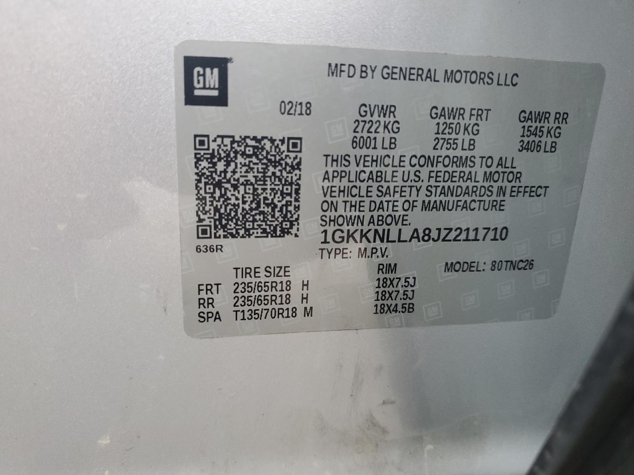 1GKKNLLA8JZ211710 2018 GMC Acadia Sle