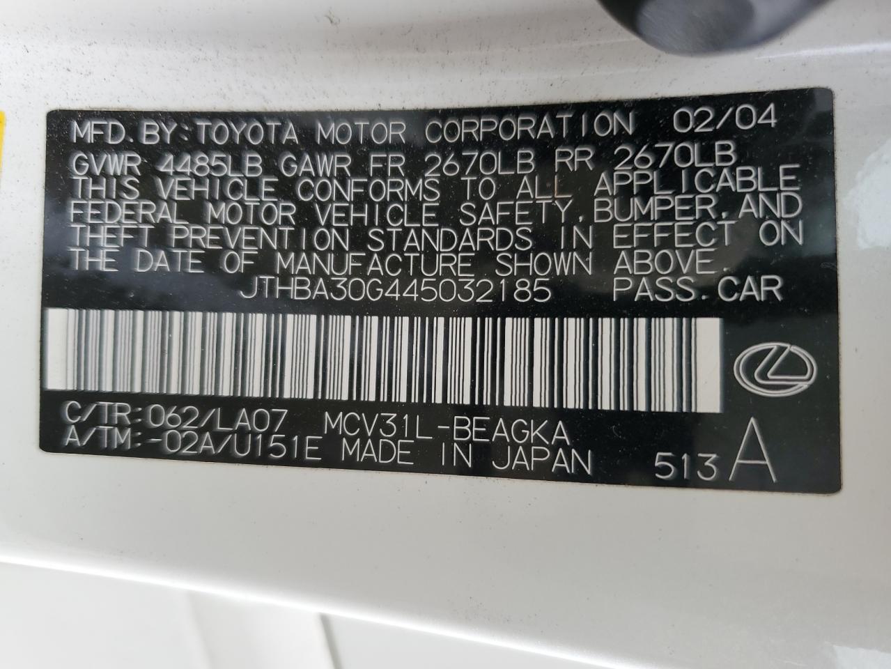 JTHBA30G445032185 2004 Lexus Es 330