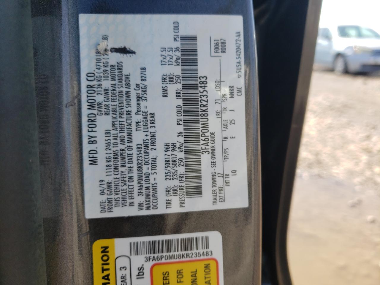 3FA6P0MU8KR235483 2019 Ford Fusion Sel