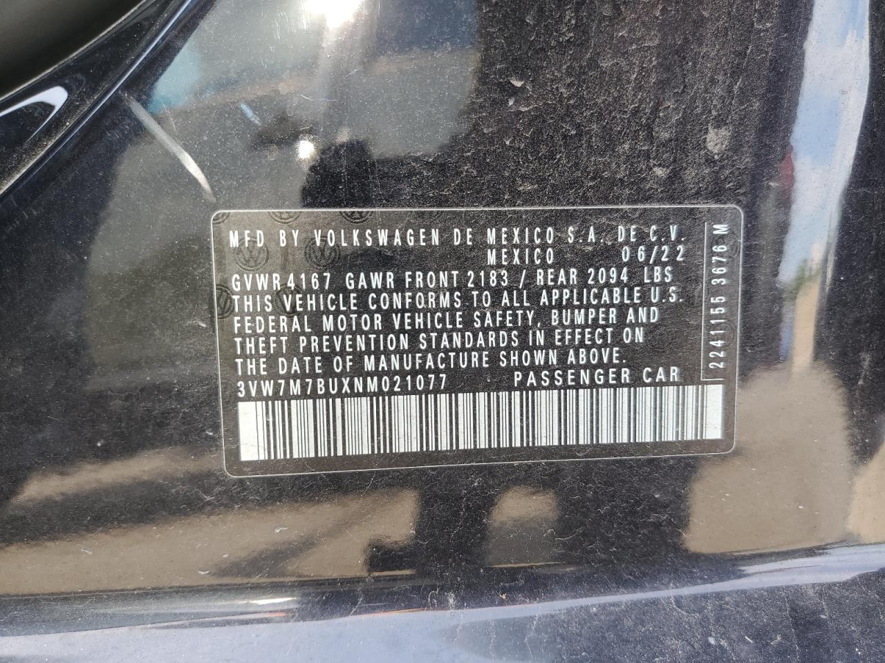 3VW7M7BUXNM021077 2022 Volkswagen Jetta Se