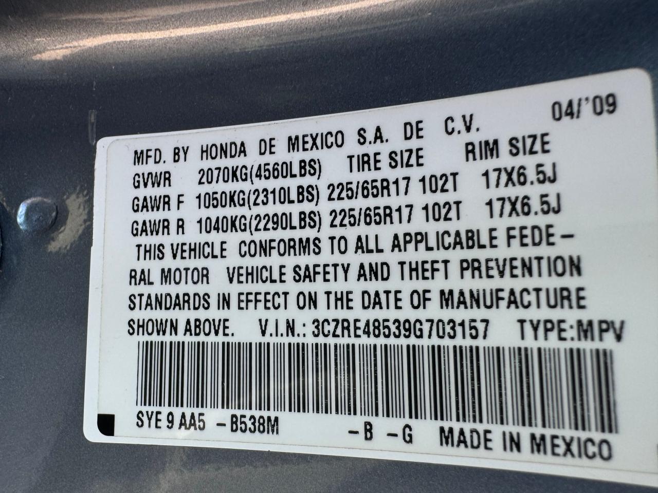 3CZRE48539G703157 2009 Honda Cr-V Ex