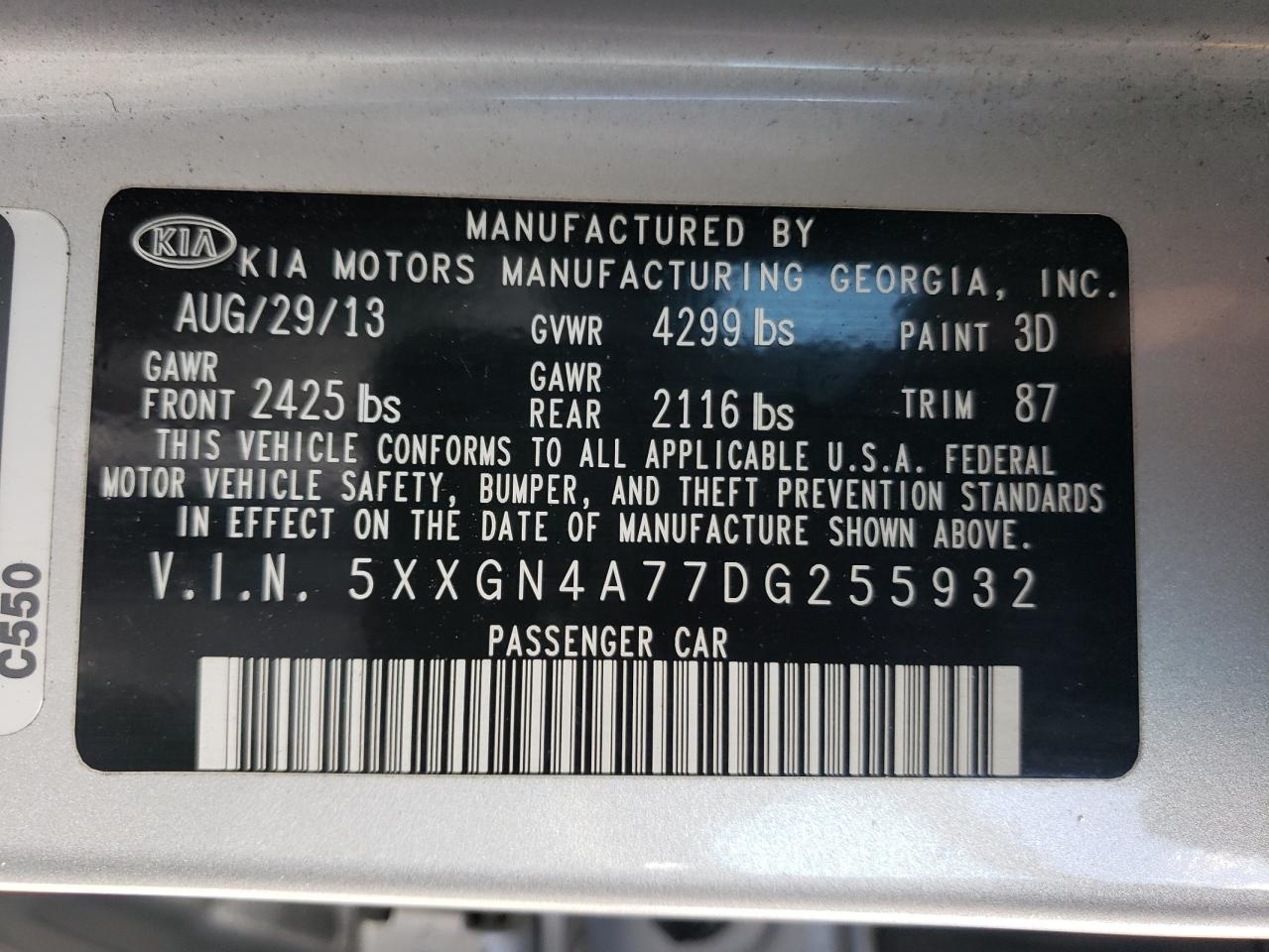 5XXGN4A77DG255932 2013 Kia Optima Ex