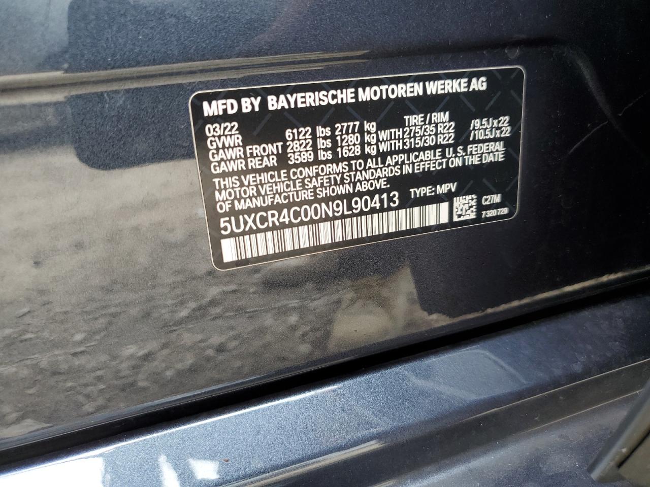 5UXCR4C00N9L90413 2022 BMW X5 Sdrive 40I