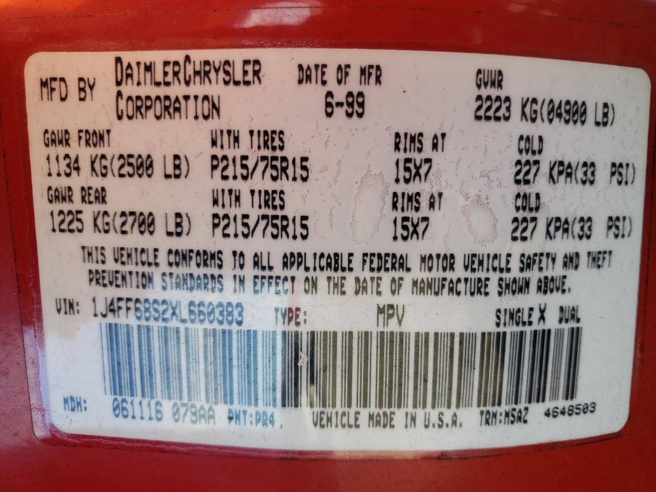 1J4FF68S2XL660383 1999 Jeep Cherokee Sport