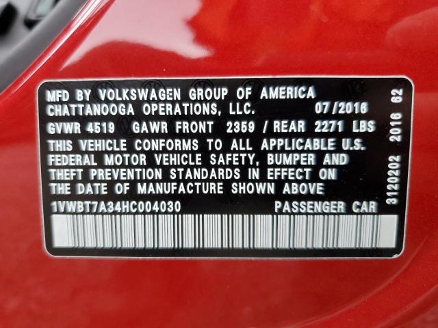 2017 Volkswagen Passat Se VIN: 1VWBT7A34HC004030 Lot: 60519714