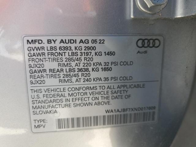2022 Audi Q7 Premium VIN: WA1AJBF7XND017609 Lot: 61938484