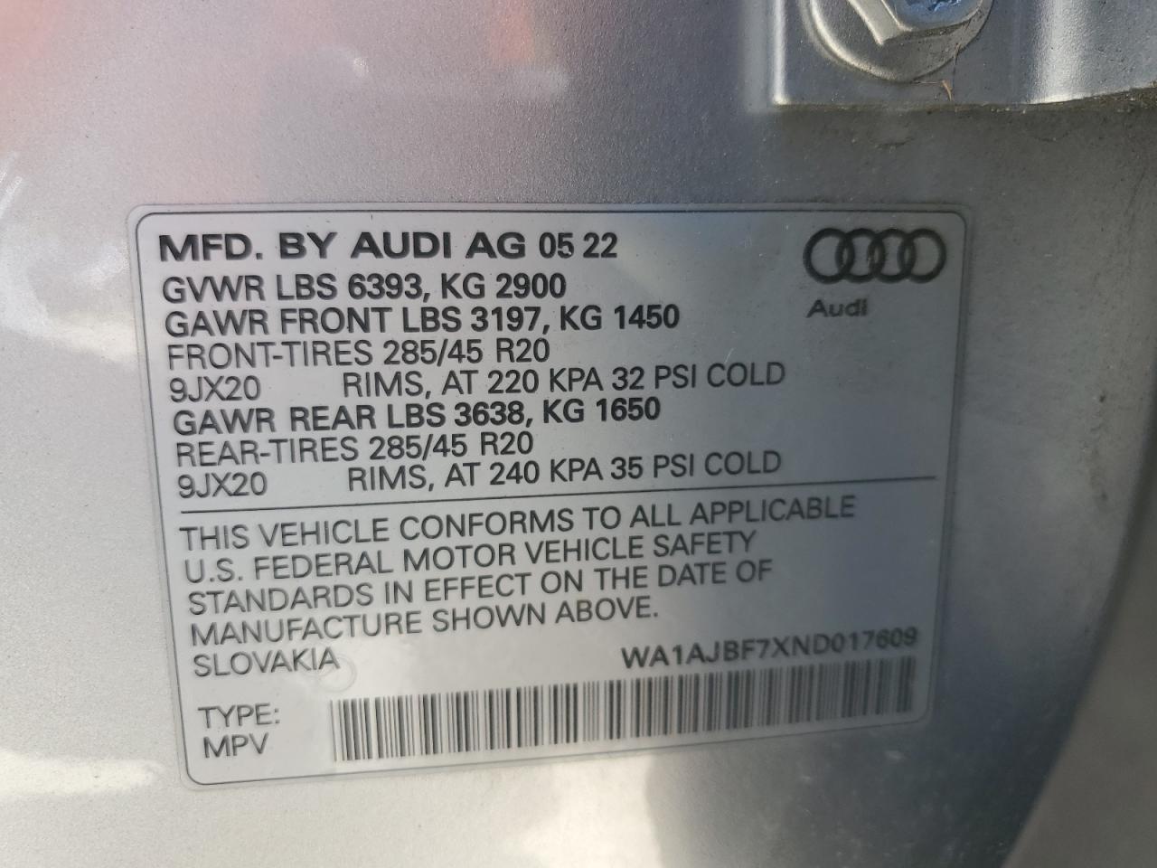 WA1AJBF7XND017609 2022 Audi Q7 Premium