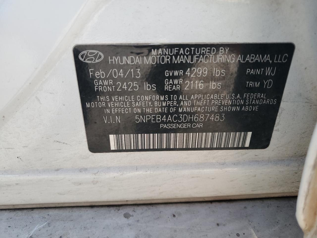 5NPEB4AC3DH687483 2013 Hyundai Sonata Gls