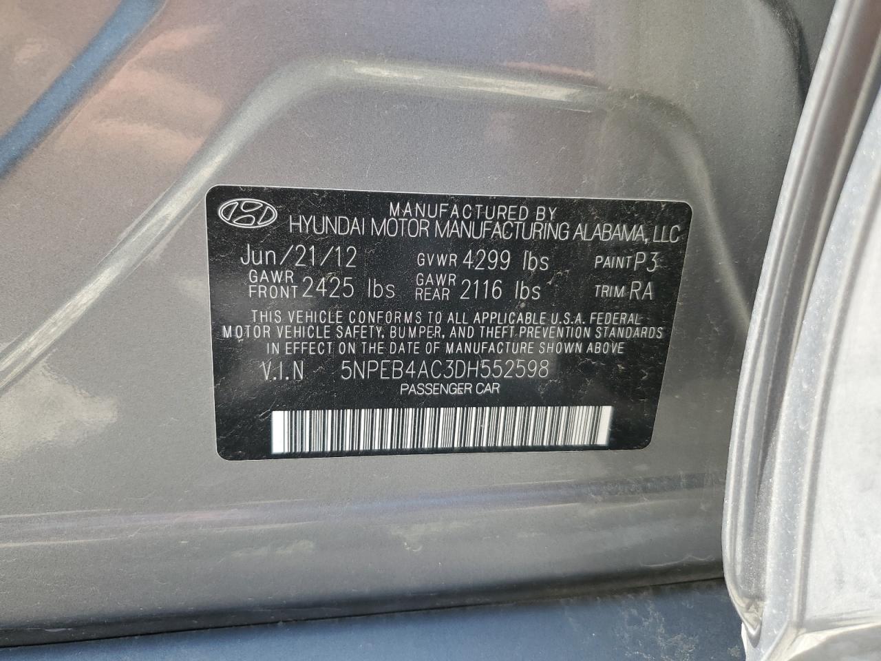 5NPEB4AC3DH552598 2013 Hyundai Sonata Gls